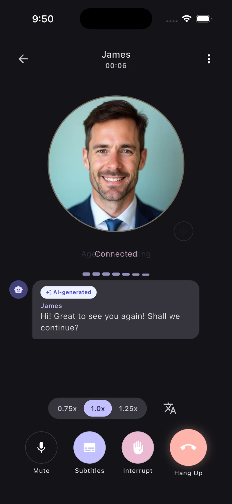 YouSpeak live call screen — alt copy pending (hero_alt_light/dark)